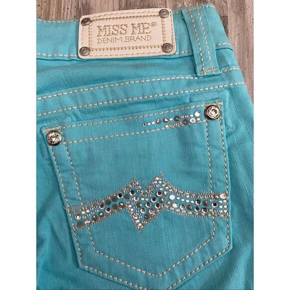 Miss Me Cuffed Skinny Jeans Teal Blue Rhinestones Women’s Sz 26 - Picture 9 of 9